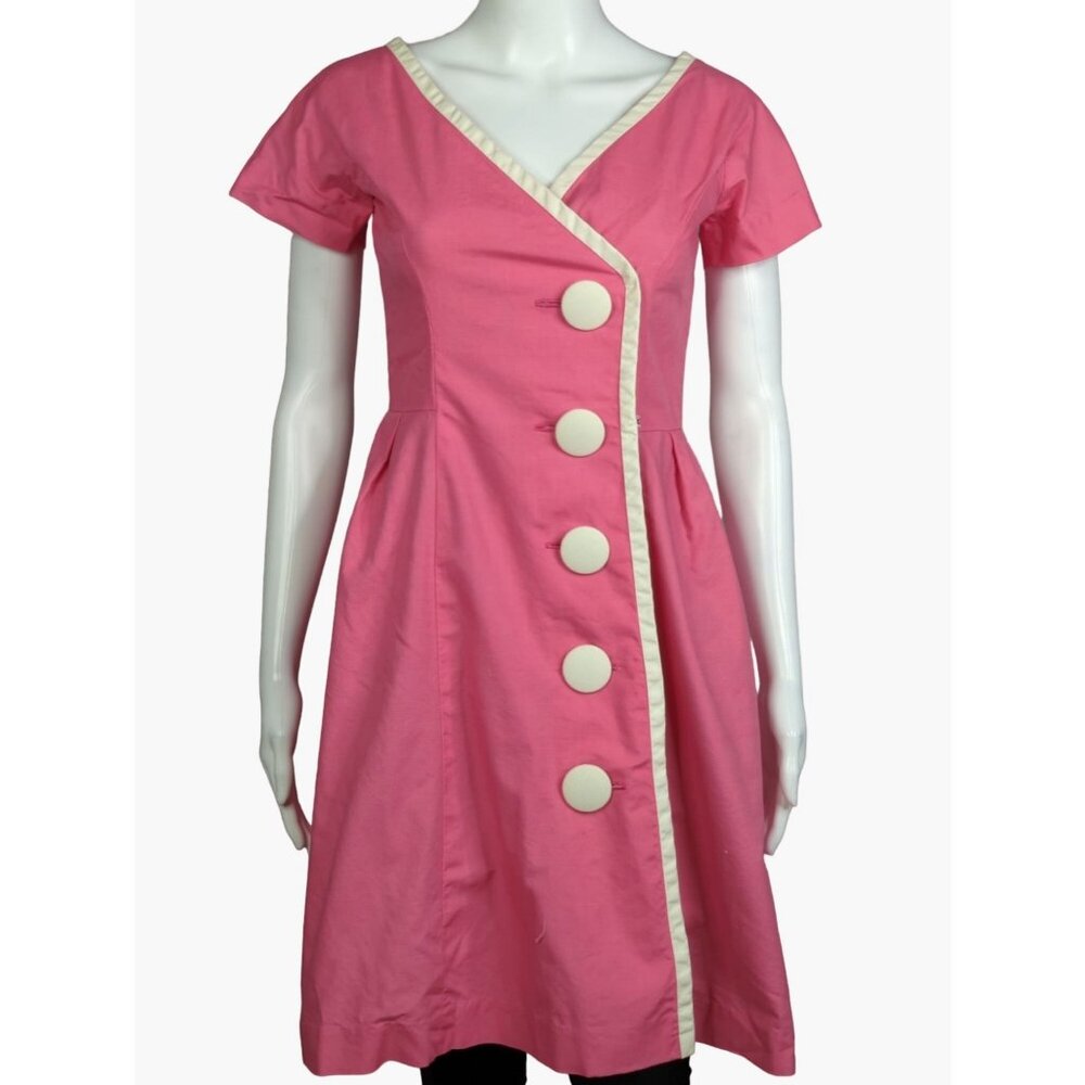 Vintage 60s Womens Small Pink White 5 Button Above Knee Handmade Dress